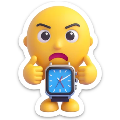 A yellow emoji face with a worried expression, looking at a wristwatch with raised eyebrows, showing urgency and stress sticker