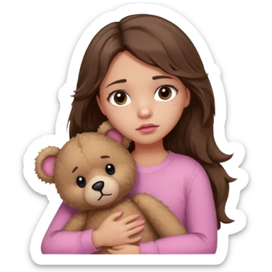 girl with long wavy brown hair, brown eyes, light to medium complexion, in a pink shirt, pink lips, long lashes, sad, hugging a teddy bear with a broken heart sticker
