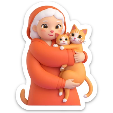 Show only one cat in the grandmother's arms, 3d emoji style, with no background (transparent) sticker