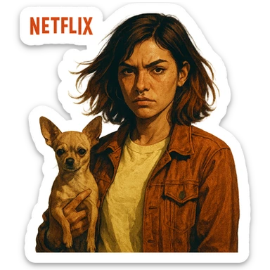 stylized Netflix series style portrait of a rebellious woman with tanned skin, freckles, pale yellow shirt (#FFF8CA), rust-colored jacket, medium-length brown hair with auburn highlights, holding a beige-brown chihuahua, transparent background sticker