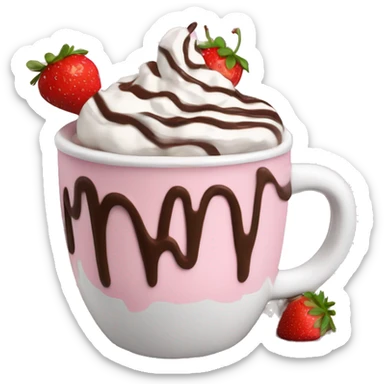 hot chocolate with mug and whip cream and chocolate drizzle and pale pink strawberry sticker