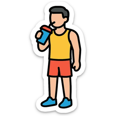 one man standing in gym clothes drinking a smoothie, icon style, clean lines, fitness theme sticker