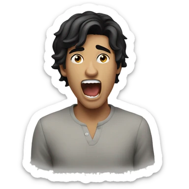 a young man with black mid length hair and white longsleeve yawning sticker