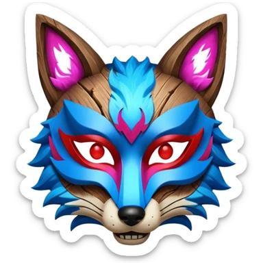 Ancient wooden mask, split in half, luminous and neon with red, blue and pink fox-like glow. sticker