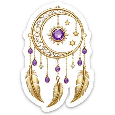 Epic beautiful gorgeous cute gold suncatcher, threads with shiny sparkly amethyst gemstones, flowers, crescents-moons, stars, gold Feathers  sticker
