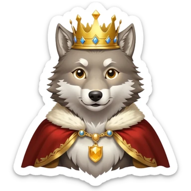 A majestic wolf wearing a golden crown and royal cape sticker