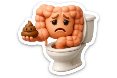 emoji stile iphone di un intestino realistico 3d che esce dal wc con in mano una montagnetta di feci con espressione triste a palline, iperrealistico 4k sticker