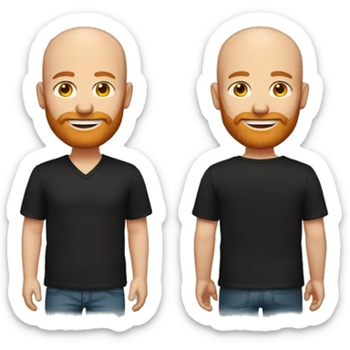 A Bald man with blue eyes and a ginger beard, wearing a black v-neck t-shirt. with a warm and welcome round face sticker