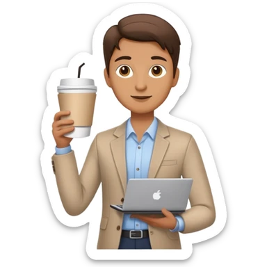 business owner confidently, holding a closed laptop in one hand and a takeaway coffee cup in the other. The character wears casual-smart clothes. sticker