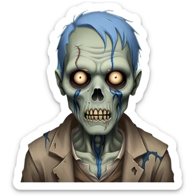 Cinematic Realistic WoW undead friendly zombie Portrait, depicted with decayed yet noble features, his weathered, pallid skin etched with ghostly blue veins and ancient scars. Clad in modest, tattered attire in muted browns and greys that remain consistently rugged, his hollow eyes burn with determined defiance. Rendered with lifelike texture and dramatic natural lighting, high shine, noble and resilient, capturing the stoic spirit of an undead veteran of Azeroth. sticker