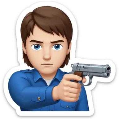 guy w medium long brown hair and blue eyes with gun pointed towards him sticker