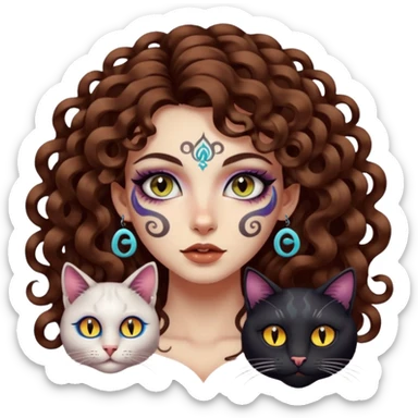woman with long curly brown hair, brown eyes, white skin, tattoos, black cat with psychedelic spiral eyes mirroring hers sticker