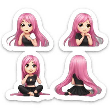 Full body Front view curvy emo girl pink hair sits on the floor straight view hands up black skirt полосатые рваные чулки sticker