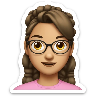 girl with oversized glasses and brown hair with straight across bangs and a pony tail in a scrunchie  sticker
