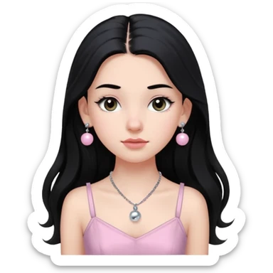 Menina branca ,cabelos longos cor preta , olhos cor preta puxados para cima. Cílios longos, lábios grossos ,nariz pequeno.vestido rosa claro de alça. Colar e brinco bolinha prata pequeno. Jovem de 16 anos  sticker