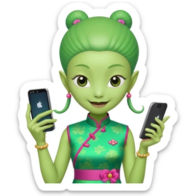 alien with chinese custome dress and smartphone sticker