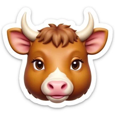 Cinematic Cute Domestic Ox Portrait Emoji, Head tilted playfully and inquisitively, with a robust, compact build and a polished hide adorned with subtle natural patterns, round, sparkling eyes full of gentle curiosity, Simplified yet irresistibly adorable features, highly detailed, glowing with a warm, friendly glow, high shine, affectionate and grounded, stylized with a touch of rustic charm, soft glowing outline, capturing the essence of a mischievous yet loving ox that feels like it could amble out of the screen into your arms! sticker