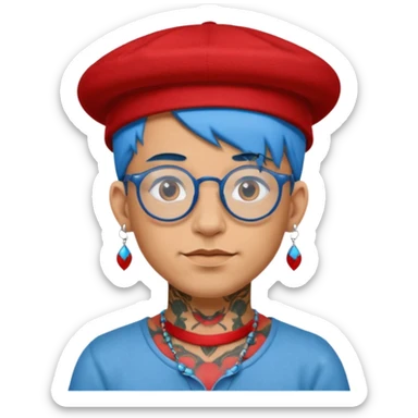 unique looking tourist with big unique red tourist felt hat and earrings, man with lots of tattoes and spectacles, blue hair showing sticker