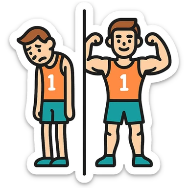 in the picture is devided in to two parts, at the first the sportsman is weak and lazy, but at the second picture the same sportsman is very strong because he doing a workout regularly sticker