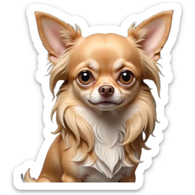 Cinematic Grumpy Long Haired Fawn Chihuahua Portrait Emoji, Head tilted slightly with a deeply unimpressed expression, thick, flowing fawn hair with natural highlights, large, droopy dark eyes narrowed into an unamused glare, ears slightly drooping in exasperation, Simplified yet comically expressive features, highly detailed, glowing with a dry, sarcastic glow, high shine, effortlessly judgmental yet dignified, stylized with a touch of cynicism, bright but brooding, soft glowing outline, capturing the essence of an eternally unimpressed yet endearing companion, so lifelike it feels like it could sigh heavily at you in disdain at any moment! sticker