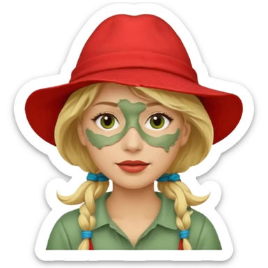 messy green clay mask and red tourist hat blond woman sticker