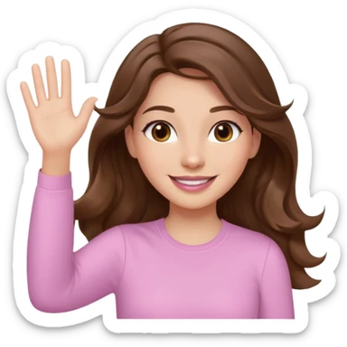 girl with wavy long brown hair, brown eyes, light to medium complexion, long lashes, light pink lipstick, smiling, wearing light pink shirt, waving motion sticker