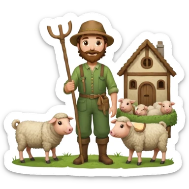 happy shepard with long curly brown beard and long curly brown hair, in green village outfit, with wooden shepard stick in hands, taking care of sheep and pigs sticker