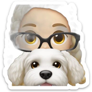 white-woman-black-hair-bun-with-glasses-with-bichon-dog-white-smile-christmas sticker