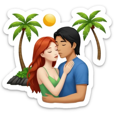 long black haired asian guy kisses redhead girl on island sticker