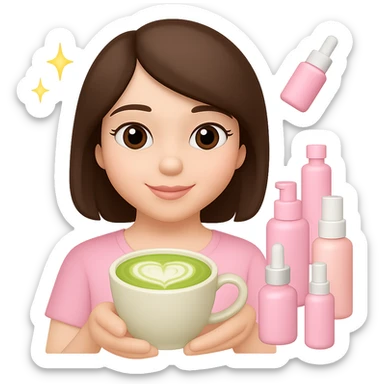 Create an Apple emoji style profile picture of a girl with short dark brown hair and brown eyes, pink soft girl aesthetic, holding a matcha latte, surrounded by pink skincare and makeup, sparkles, with a slightly different pose and facial expression. The style should mimic Apple emojis with a soft and polished look. sticker