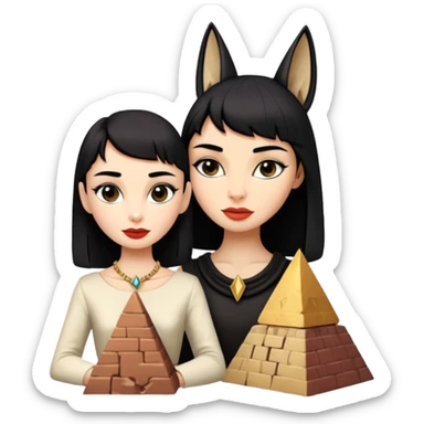 Kindly mannered Audrey Hepburn cleopatra Protecting spell silky black-haired tiny statuette scale feral Anubis and pyramid scenery stone-age cracked irregular dwelling  sticker