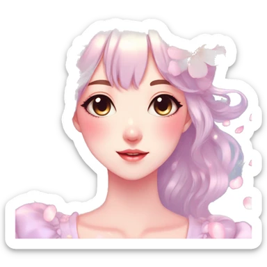 Gorgeous pastel anime style lady with blushing face and flower petals cottagecore fairycore pastelcore shiny colorful pearly petite simplistic aesthetic trending style sticker