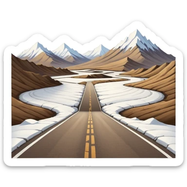 A long STRAIGHT dirt road that disappears into the horizon half way up the screen from the perspective of someone sitting in the middle of the road looking down it. Flat snow fields on both sides of the road with huge looming mountains above the roads horizon line.  sticker