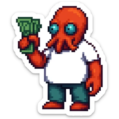Full body pixel art style illustration of Zoidberg from Futurama holding up a stack of money, no background. Use pixel art style as the target style. sticker