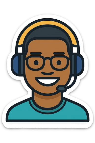 Add a headset to the young African man with eye glasses, keep the original style and transparent background. sticker