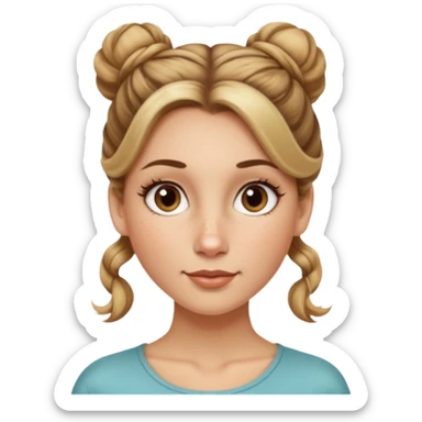 creative women with long dark Blond with highlights semi curly hair white women with hair in a top bun(one bun not two), oval shape face hazel eyes long lashes freckles on the nose high cheek bones sticker