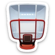 An icon showing a hockey stick, puck, skates, and goalposts on the ice. The background features a large hockey stadium with cheering fans, bright lights, and a snowy landscape visible through the arena. Transparent background highlights the main hockey equipment and atmosphere. sticker