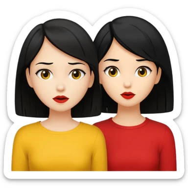 2 girls gossiping secretly. both are fair and have black hair. One has short hair and is tan, one has long hair and is fair. One is wearing yellow, one is wearing red sticker