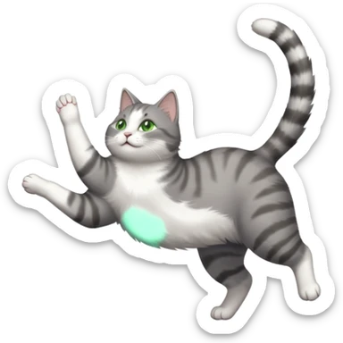 grey and white cat with green eyes doing a big extremely long stretch reaching up into the air with arms and legs side by side together straight and overextended whilst lying on its side sticker