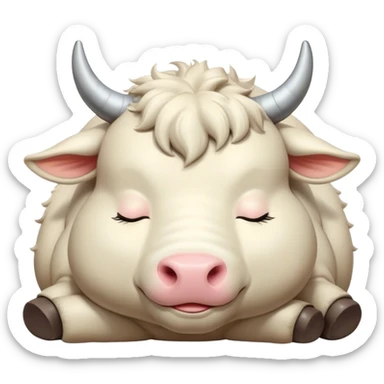 Meme-Worthy Cute Sleeping Domestic Ox Portrait Emoji, Head resting peacefully with a contented smile, showcasing a massive, sturdy build and a luxuriously soft hide, eyes gently closed in serene, restful slumber, Simplified yet hilariously adorable features, highly detailed, glowing with a soft, drowsy natural light, high shine, relaxed and utterly lovable, stylized with an air of playful laziness, soft glowing outline, capturing the essence of a sleeping ox that feels destined to become the next viral sensation of adorable rest! sticker