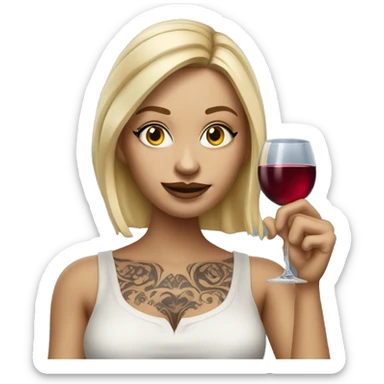 Create a hyper-realistic emoji of a blonde woman with elegant features. She has a body covered in tattoos, holding a glass of wine in one hand, while pointing forward with her other hand. sticker