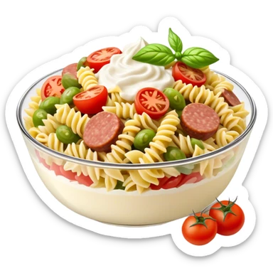 Fusilli pasta salad with chopped meat sausage, chopped gherkins, chopped cocktail tomatoes and mayonnaise, yoghurt sticker