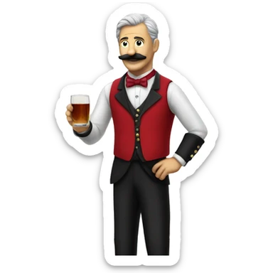 butler in a red vest with a moustache invites you to come in, full length sticker