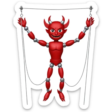 3D render of Devil Puppet as a wooden marionette puppet, Red painted wood, strings, silver metal screw joints at elbows and knees, polished brown wood texture, rigid toy pose, emoji style, isolated on white background --v 6.0. sticker