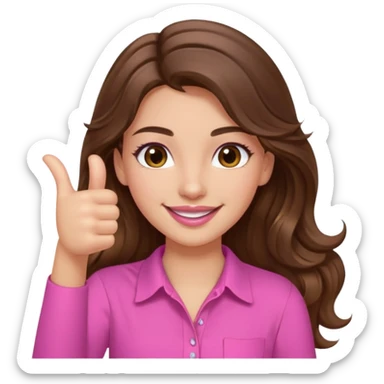girl with long wavy brown hair, brown eyes, light to medium complexion, in a pink shirt, pink lips, long lashes, thumbs up sticker