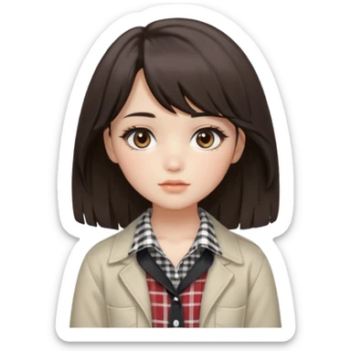 A fair, neutral-toned girl with dark brown layered hair (medium length, curtain bangs) and almond-shaped brown eyes. Doll-like makeup with soft brows, manhwa lashes, and normal lips. Oval face. Wearing an off-white checkered shirt, baggy pants, and minimal silver jewelry. sticker