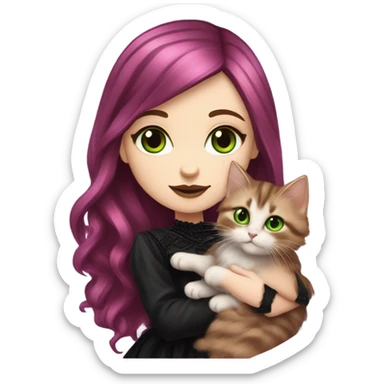 Pretty portrait of White girl. The Girl has Long Magenta Hair. Soft gothic make up and gothic dress. Holding her Cat. The cat is soft Brown Tabby british longhair kitten with Green Eyes. sticker