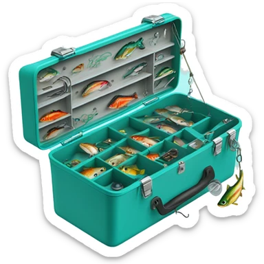 Realistic turquoise Fishing tackle box open with  fish bait and hooks inside of it sticker