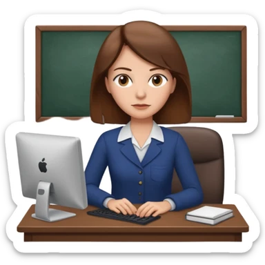 Uma mulher de cabelo castanho que é professora e um pouco brava a trabalhar no computador sem usar óculos sticker