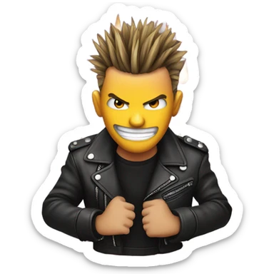 punk emoji, hardcore rock face emoji with hands, leather jacket, fire around face, smiling sticker